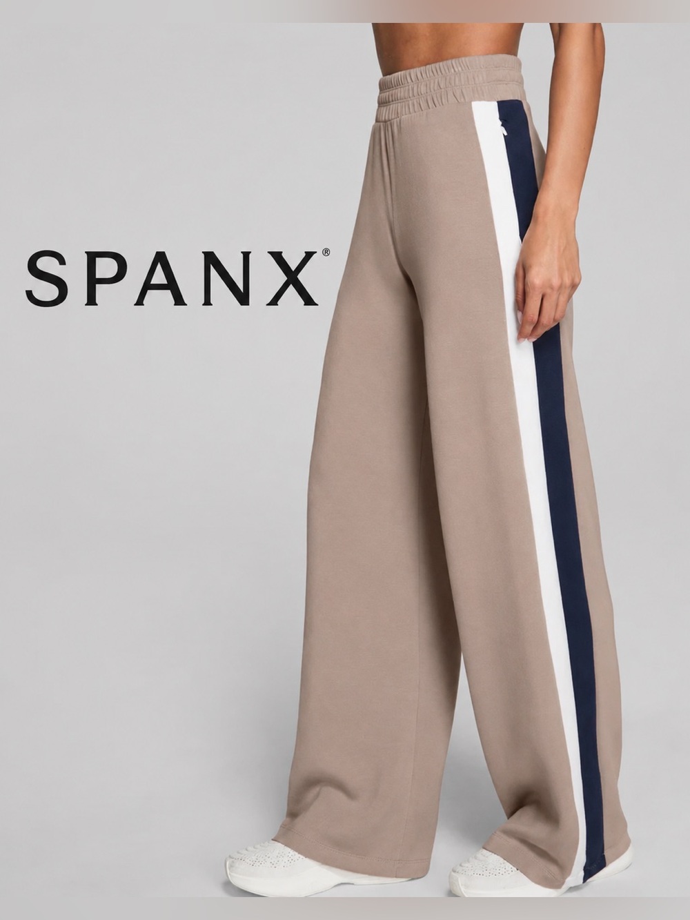 SPANX AirEssentials Wide Leg Pant Taupe Colorblock Side Stripe Size L $128 NWT